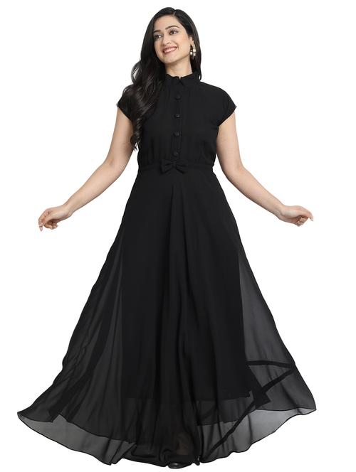 women solid mandarin neck fit & flare maxi dress - 21972565 - Very Small Image - 1