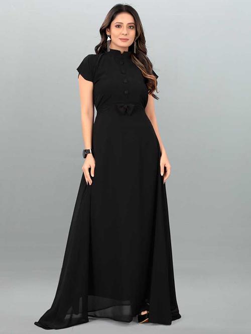 women solid mandarin neck fit & flare dress - 21972577 - Very Small Image - 1