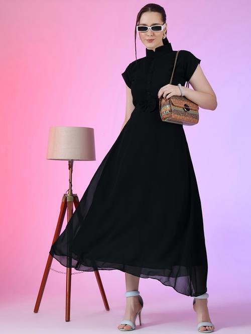 women solid mandarin neck fit & flare maxi dress - 21972584 - Very Small Image - 1