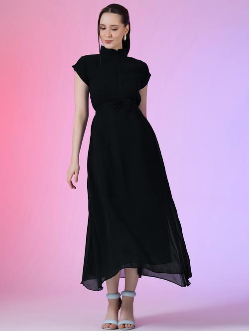 women solid mandarin neck fit & flare maxi dress - 21972590 - Very Small Image - 1