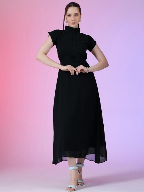 women solid mandarin neck fit & flare maxi dress - 21972596 - Very Small Image - 1