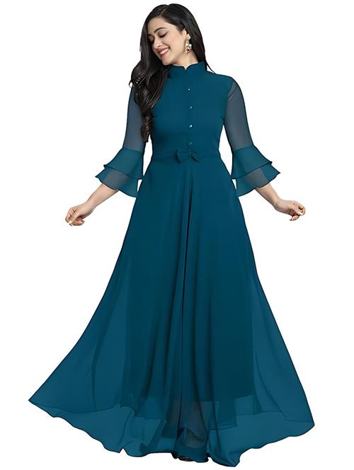 women solid mandarin neck fit & flare dress - 21972604 - Very Small Image - 1