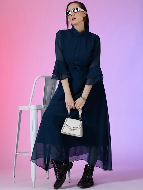 women solid mandarin neck fit & flare maxi dress - 21972611 - Very Small Image - 1