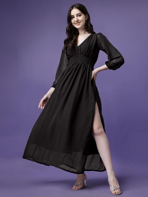 women solid puff sleeve fit & flare maxi dress - 21972621 - Very Small Image - 1