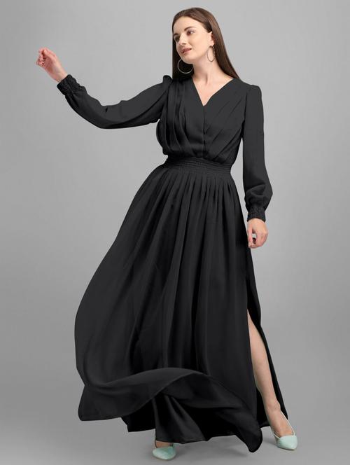 women solid puff sleeve fit & flare maxi dress - 21972623 - Very Small Image - 1