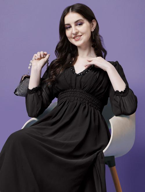 women solid puff sleeve fit & flare maxi dress - 21972625 - Very Small Image - 1