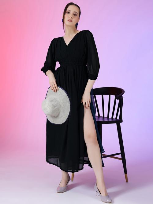 women solid puff sleeve fit & flare maxi dress - 21972633 - Very Small Image - 1