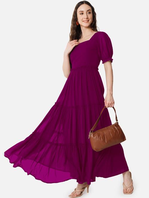women solid puff sleeve tiered maxi dress - 21972837 - Very Small Image - 1