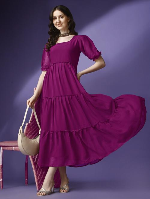 women solid puff sleeve tiered maxi dress - 21972852 - Very Small Image - 1