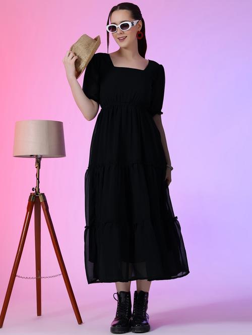 women solid puff sleeve tiered maxi dress - 21972859 - Very Small Image - 1