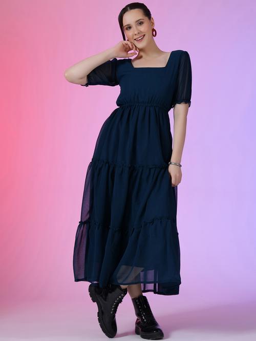 women solid puff sleeve tiered maxi dress - 21972863 - Very Small Image - 1