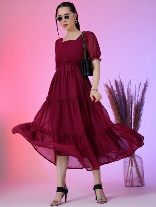 women solid puff sleeve tiered maxi dress - 21972867 - Very Small Image - 1