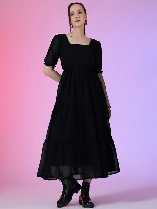 women solid puff sleeve tiered maxi dress - 21972868 - Very Small Image - 1