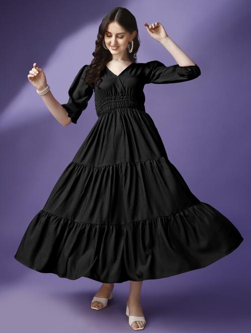 women solid puff sleeve tiered maxi dress - 21972885 - Very Small Image - 1