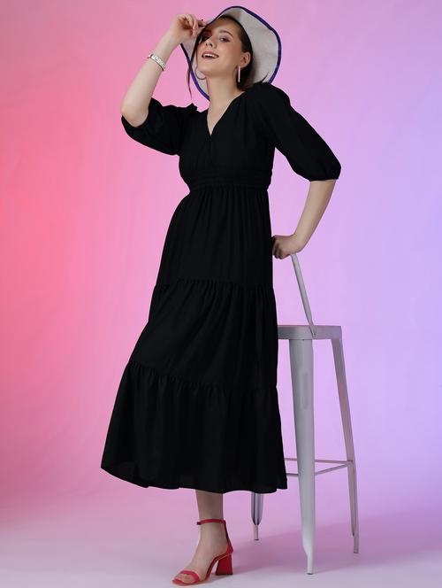 women solid puff sleeve tiered maxi dress - 21972893 - Very Small Image - 1