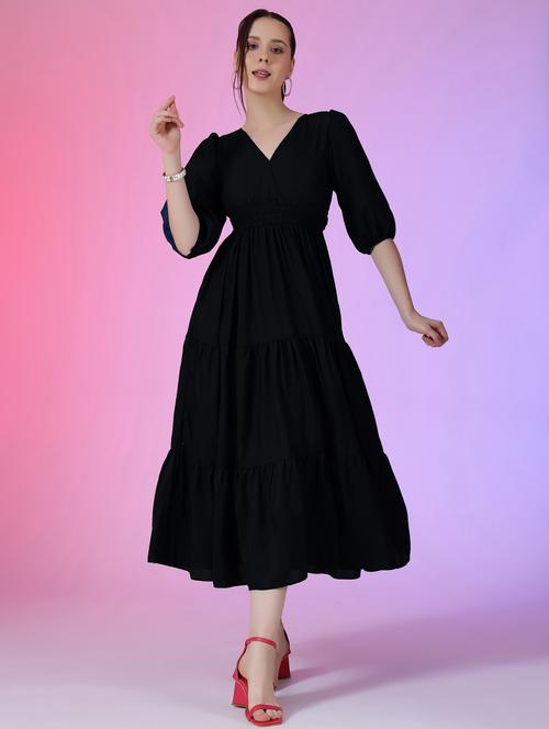 women solid puff sleeve tiered midi dress - 21972897 - Very Small Image - 1