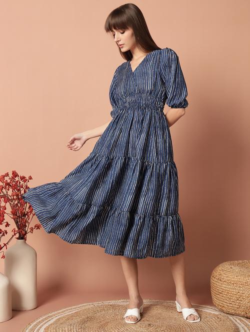 women printed puff sleeve tiered midi dress - 21972903 - Very Small Image - 1