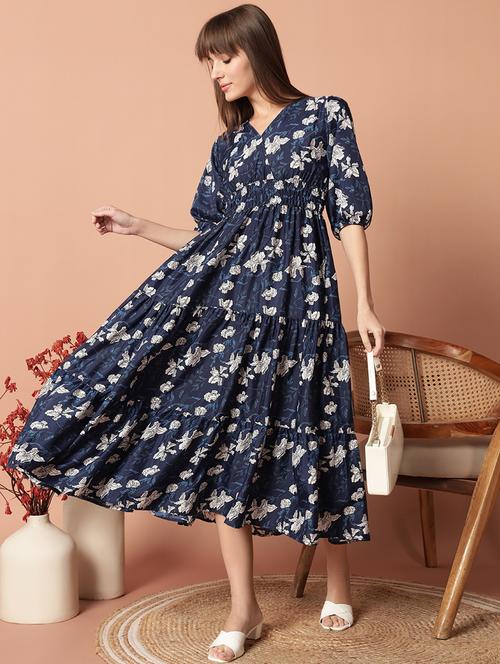 women printed puff sleeve tiered midi dress - 21972906 - Very Small Image - 1
