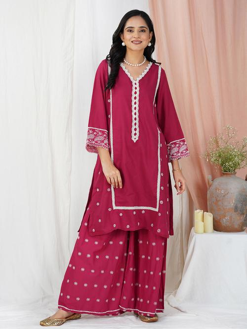 women solid with work three quarter sleeve a-line kurta - 21974950 - Very Small Image - 1