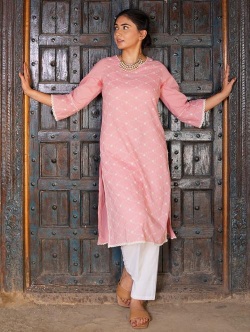 women solid with work three quarter sleeve straight kurta - 21974963 - Very Small Image - 1