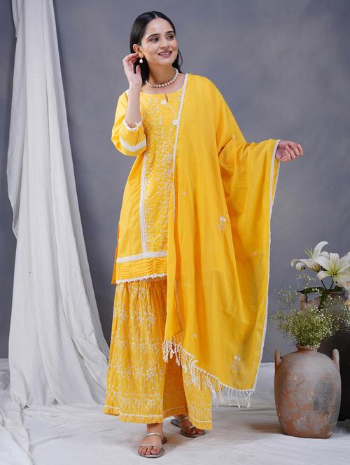 women three quarter sleeve kurta sharara with dupatta set - 21975060 - Very Small Image - 1