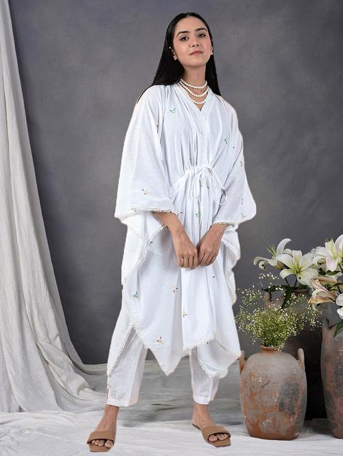 women solid with work kimono sleeve kaftan kurta pant set - 21975082 - Very Small Image - 1