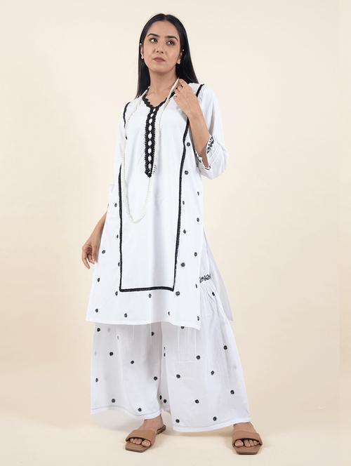 women solid with work three quarter sleeve kurta sharara set - 21975083 - Very Small Image - 1