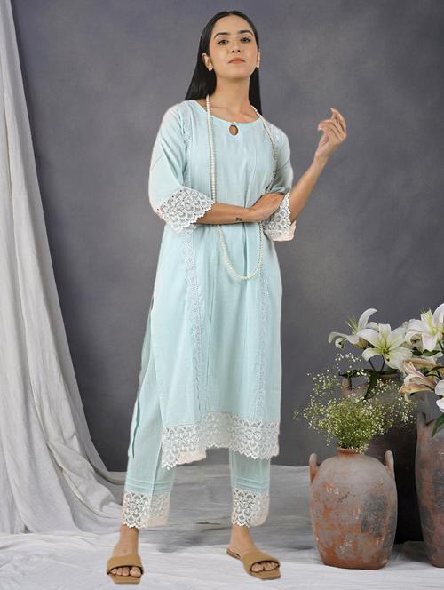 women solid with work three quarter sleeve kurta pant set - 21975084 - Very Small Image - 1