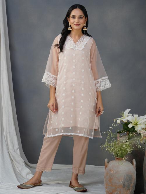 women solid with work three quarter sleeve kurta pant set - 21975087 - Very Small Image - 1