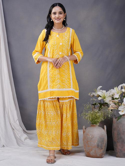 women solid with work three quarter sleeve kurta sharara set - 21975089 - Very Small Image - 1