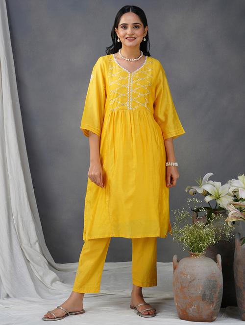 women solid with work three quarter sleeve kurta pant set - 21975091 - Very Small Image - 1