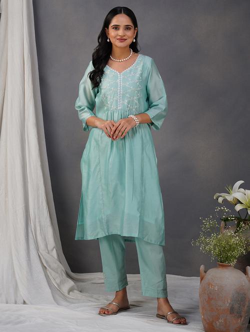 women solid with work three quarter sleeve kurta pant set - 21975092 - Very Small Image - 1