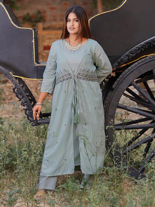 women solid with work three quarter sleeve kurta pant set - 21975101 - Very Small Image - 1