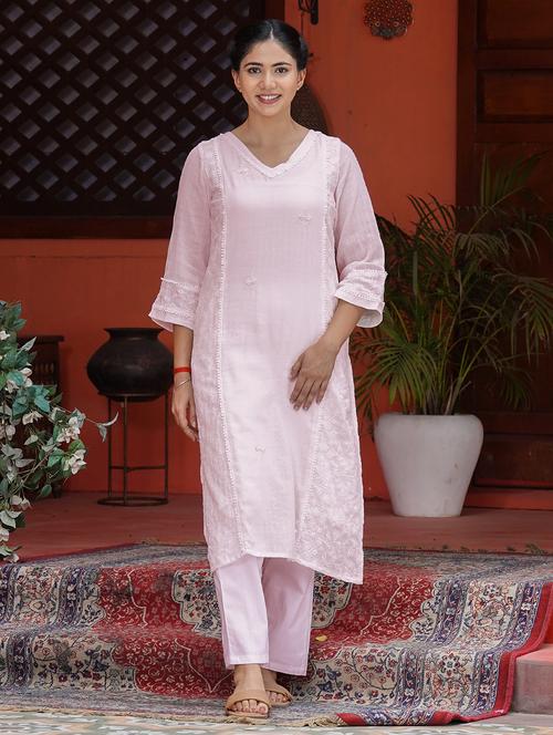 women solid with work three quarter sleeve kurta pant set - 21975113 - Very Small Image - 1
