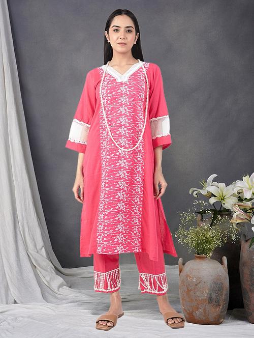 women solid with work three quarter sleeve kurta pant set - 21975124 - Very Small Image - 1