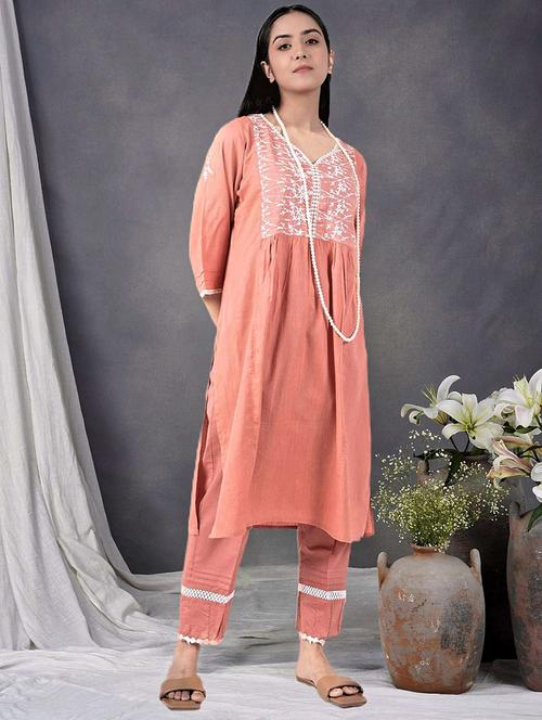 women solid with work three quarter sleeve kurta pant set - 21975128 - Very Small Image - 1