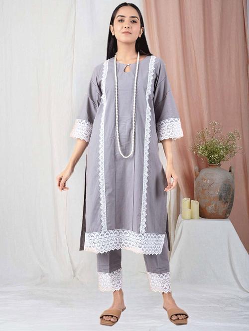 women solid with work three quarter sleeve kurta pant set - 21975130 - Very Small Image - 1