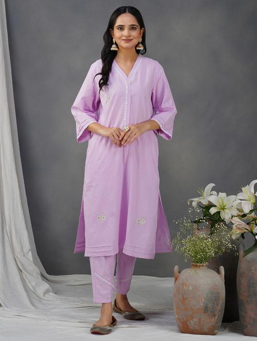 women solid with work three quarter sleeve kurta pant set - 21975132 - Very Small Image - 1
