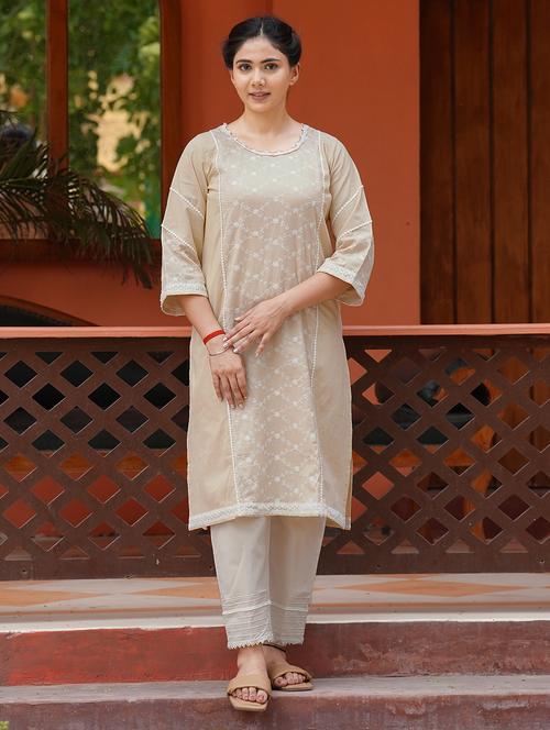 women solid with work three quarter sleeve kurta pant set - 21975143 - Very Small Image - 1