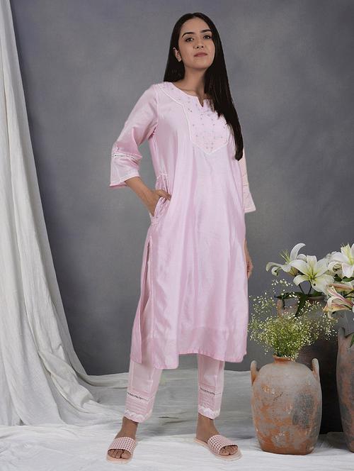 women solid with work three quarter sleeve kurta pant set - 21975145 - Very Small Image - 1