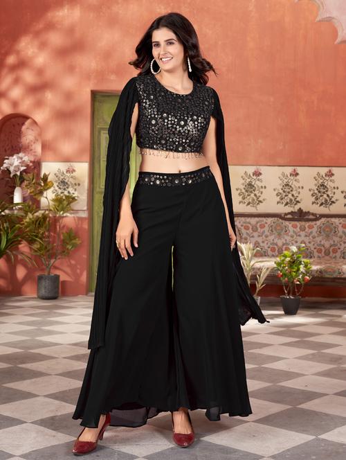 women solid with work round neck fusion set - 21975277 - Very Small Image - 1