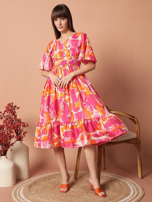 women printed puff sleeve tiered dress - 21975679 - Very Small Image - 1