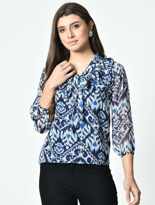 women printed puff sleeve tie-up neck top - 21976321 - Very Small Image - 1