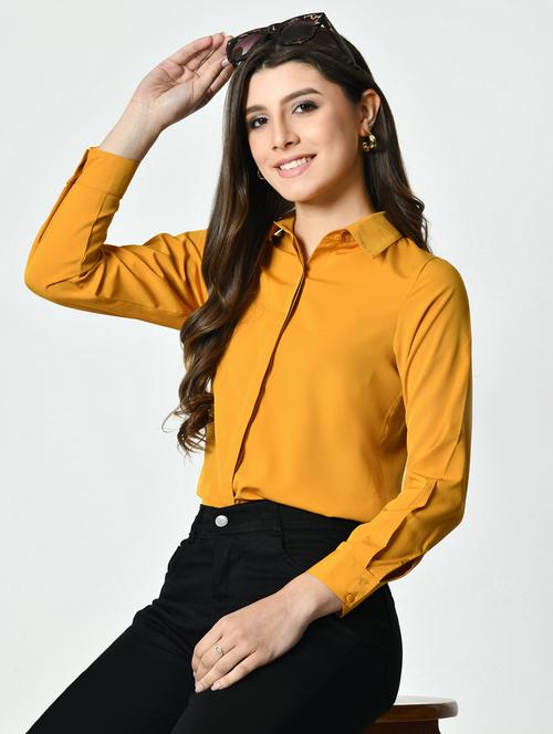 women yellow solid collared long sleeve shirt - 21976373 - Very Small Image - 1