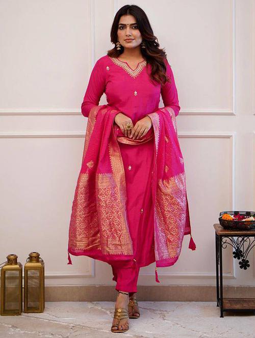 women three quarter sleeve kurta pant with dupatta set - 21976517 - Very Small Image - 1