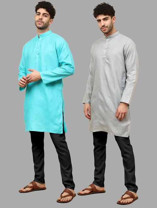 men pack of 2 solid mandarin neck kurta pyjama ethnic wear set - 21977732 - Very Small Image - 1