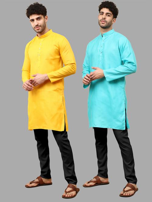 men pack of 2 solid mandarin neck kurta pyjama ethnic wear set - 21977800 - Very Small Image - 1