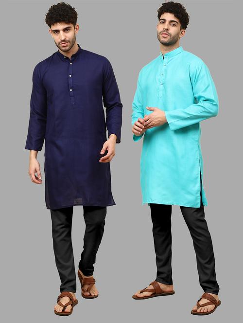 men pack of 2 solid mandarin neck kurta pyjama ethnic wear set - 21977812 - Very Small Image - 1