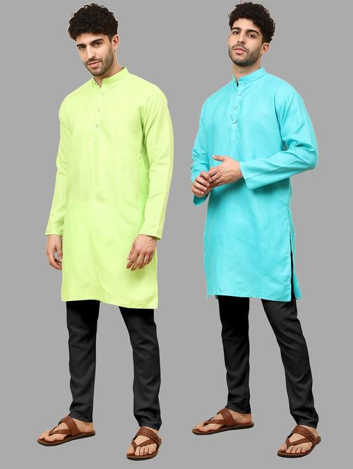 men pack of 2 solid mandarin neck kurta pyjama ethnic wear set - 21977906 - Very Small Image - 1