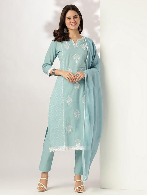 women solid with work three quarter sleeve kurta pant with dupatta set - 21978453 - Very Small Image - 1